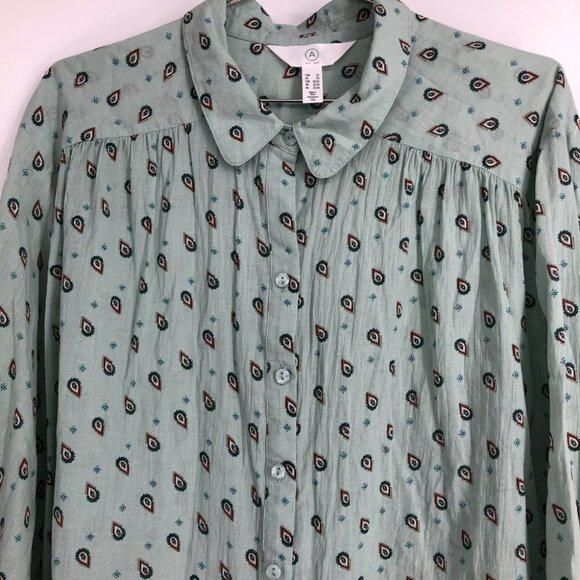 Reitmans Light Sage Green Small Paisley Patterned Button Up Long Sleeve Shirt 2X - Picture 6 of 16